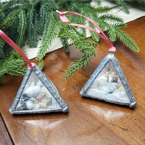 PEWTER & BEVELED GLASS Seashell Pyramid Ornaments Set Of 2 Collectible